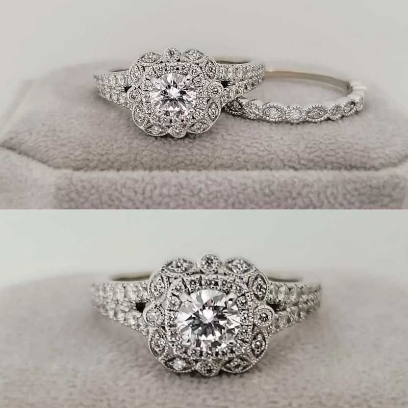 Two different pictures of a diamond engagement ring set.