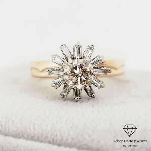 An engagement ring with a diamond starburst.