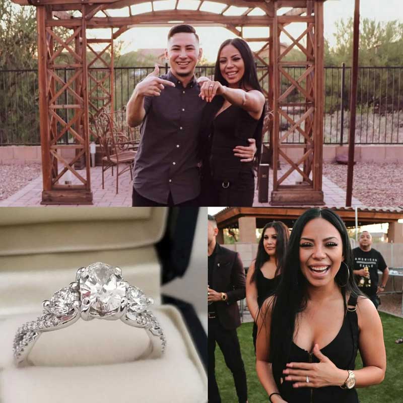 Two pictures of a man and woman posing with a diamond engagement ring.
