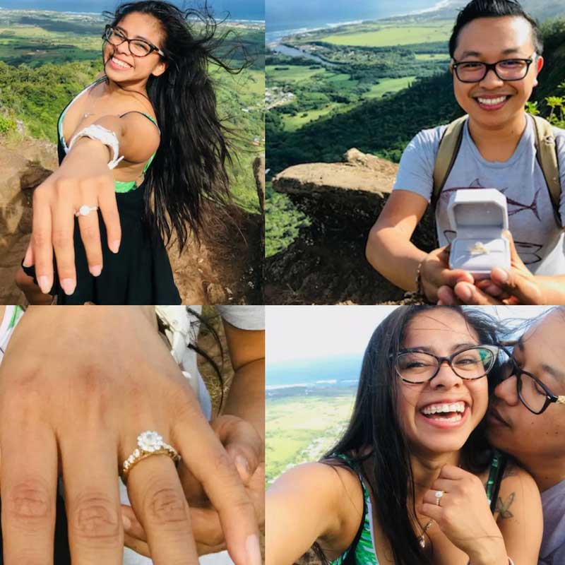 Four pictures of a man and woman posing with their engagement rings.