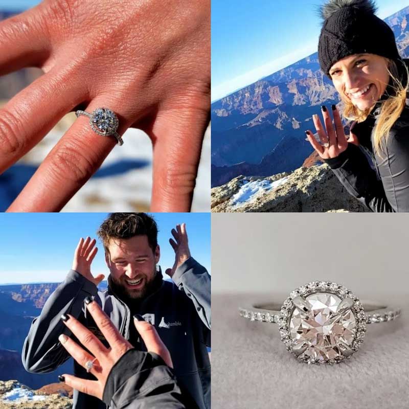 Two pictures of a man and woman holding an engagement ring on top of a mountain.