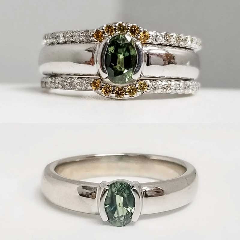 Two pictures of a green sapphire ring and a diamond ring.