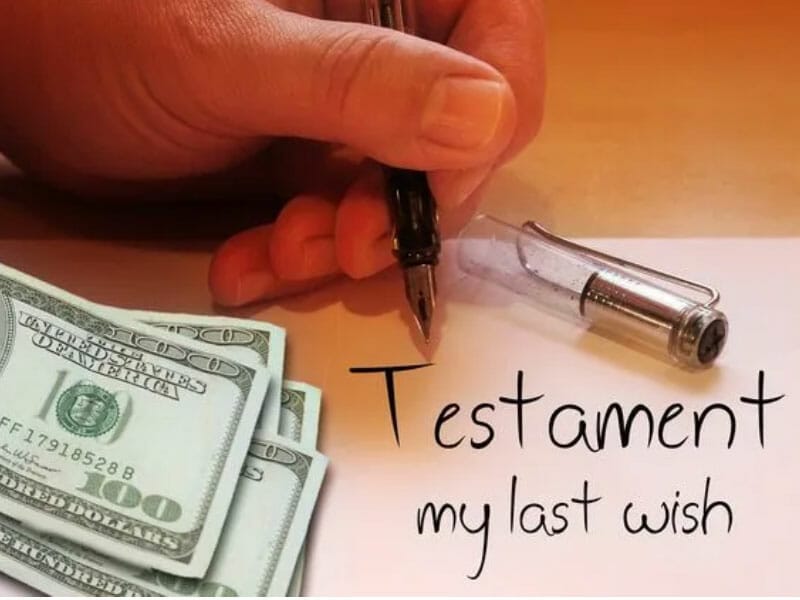 A person writing a letter with the words testament my lost wish.