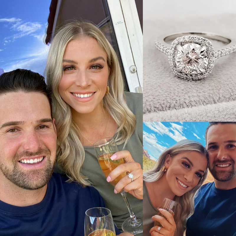 Two pictures of a man and a woman with a diamond engagement ring.