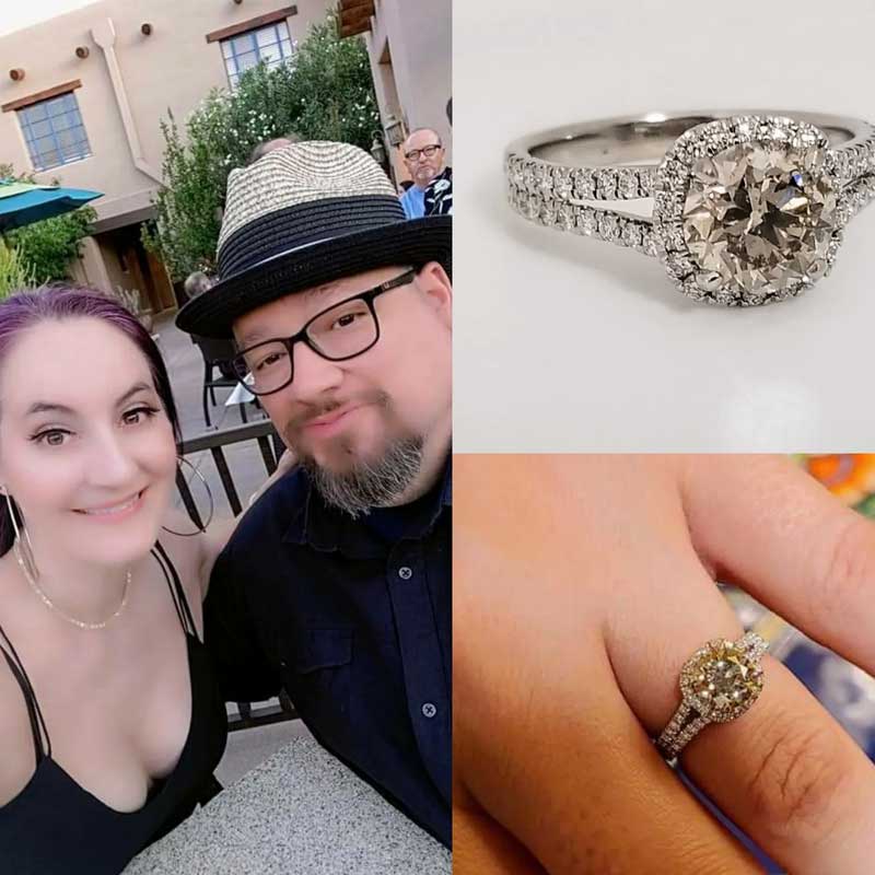 Two pictures of a man and woman with a diamond engagement ring.