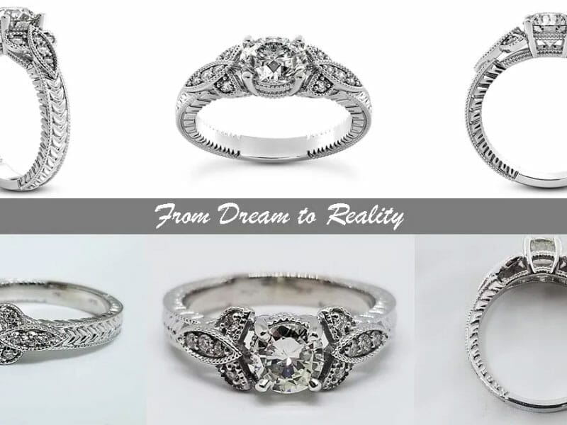Four pictures of an engagement ring with the words from dreams to reality.