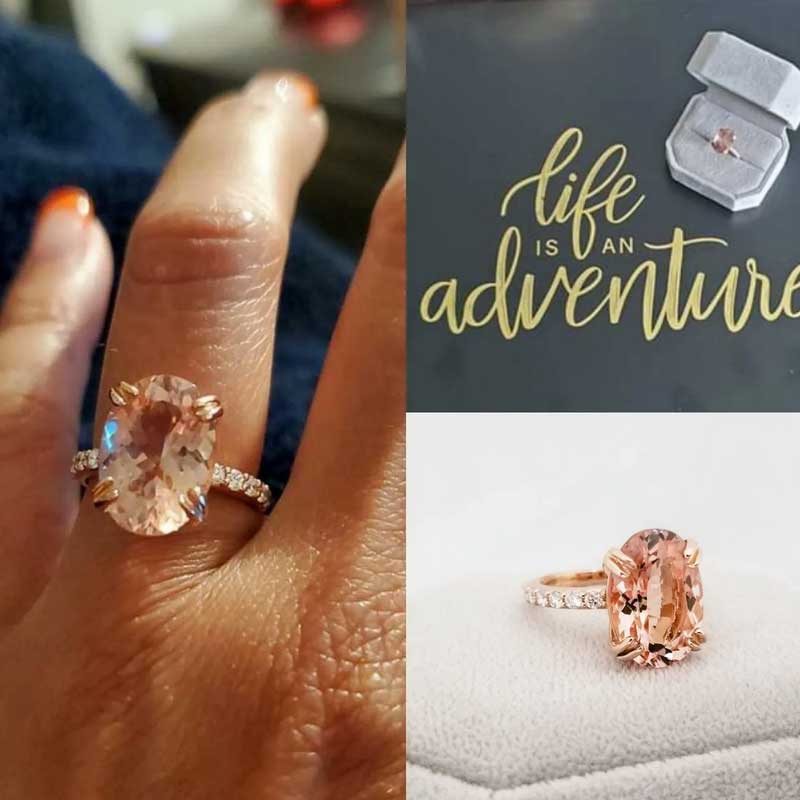An engagement ring with a morganite and an engagement ring.