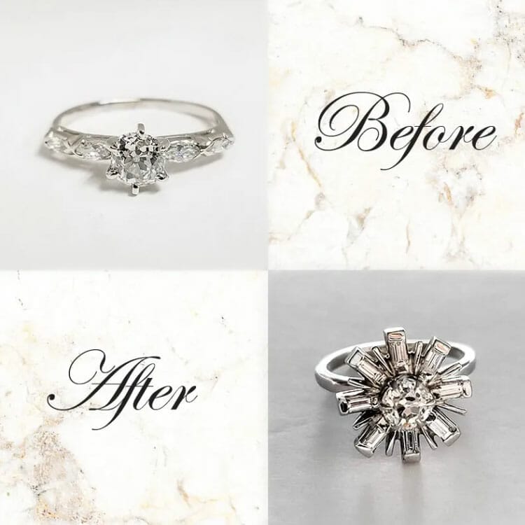 Four pictures showcasing the transformation of a diamond ring after availing professional jewelry repair services.