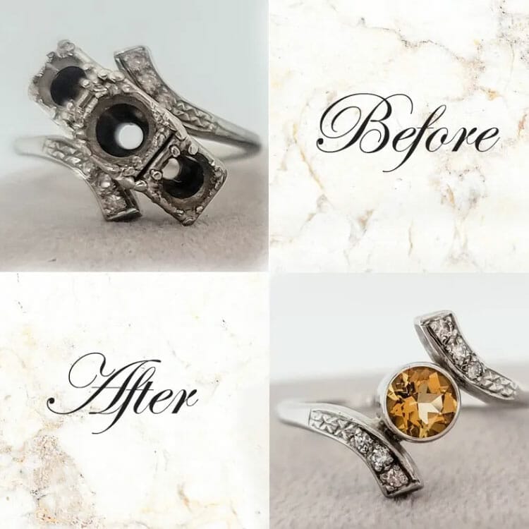 Before and after pictures showcasing the transformation of a ring with diamonds and sapphires, revitalized through exceptional jewelry repair services.