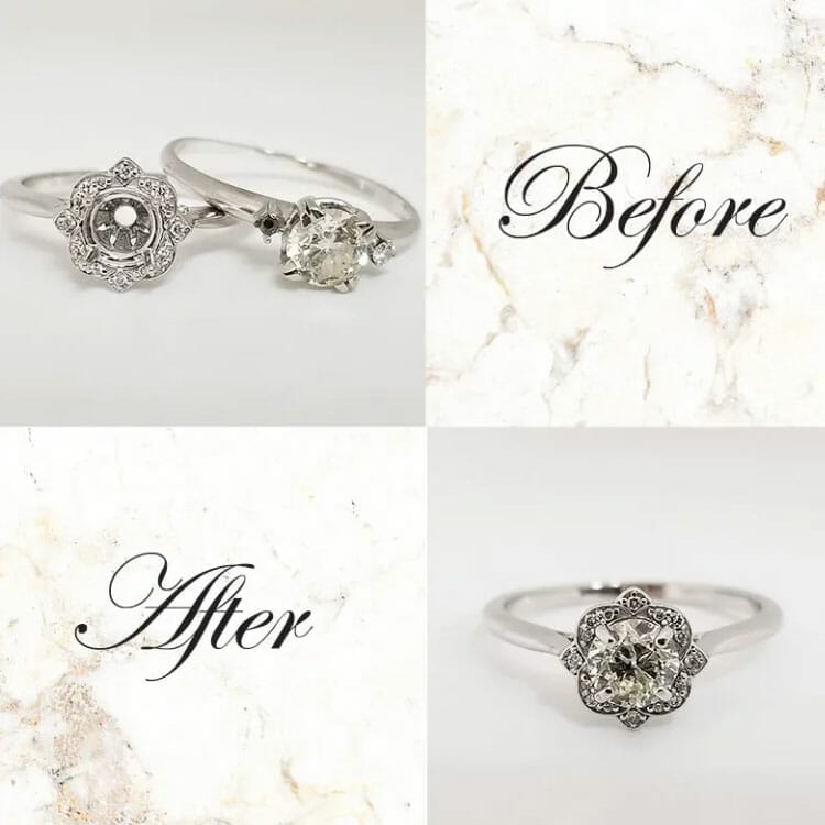 Four pictures of a diamond ring before and after undergoing jewelry repair services.