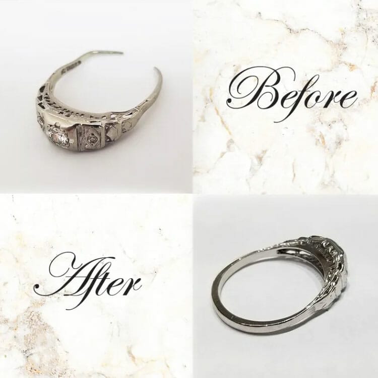 Before and after pictures showcasing the impeccable craftsmanship of our Jewelry Repair Services on an engagement ring.
