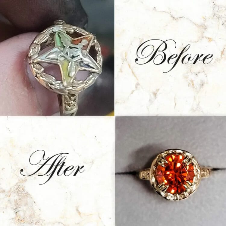 A ring with an orange stone before and after, in need of jewelry repair services.
