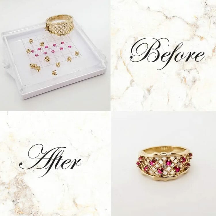 Four pictures illustrating the transformation of a gold ring through professional jewelry repair services.