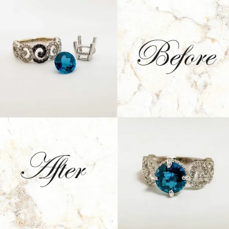 Before and after pictures showcasing the transformation of a blue topaz ring through our exceptional jewelry repair services.
