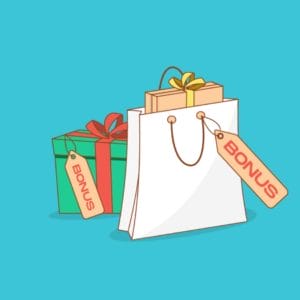 A shopping bag with a gift and a gift tag.