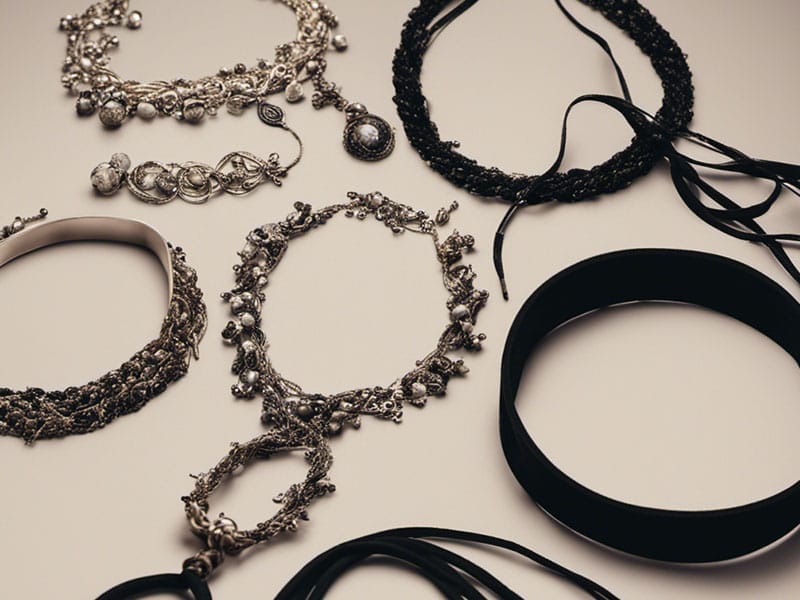A collection of necklaces and bracelets, including the best necklaces for low-cut tops, laying on a table.