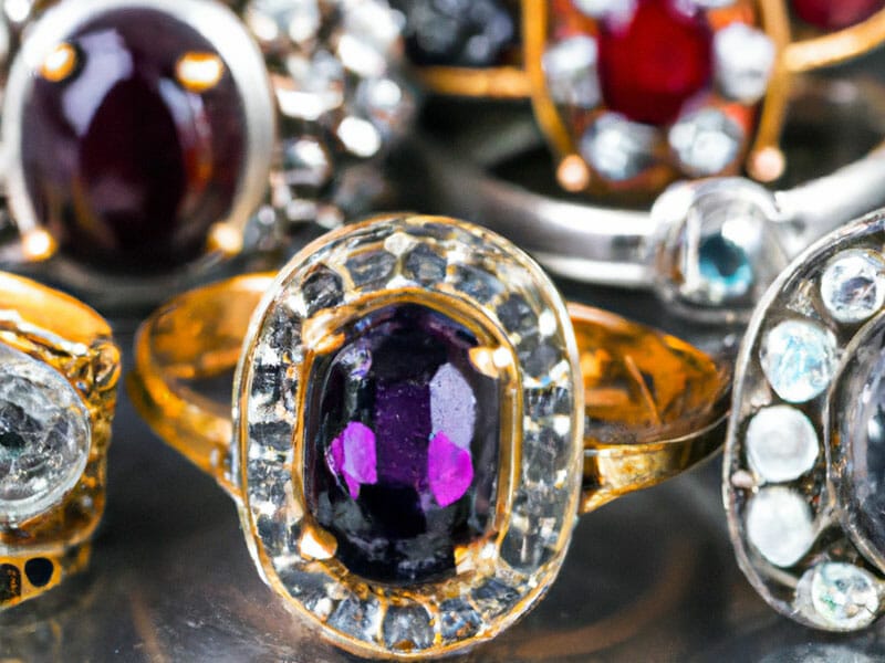 A group of rings with different gemstones and diamonds.