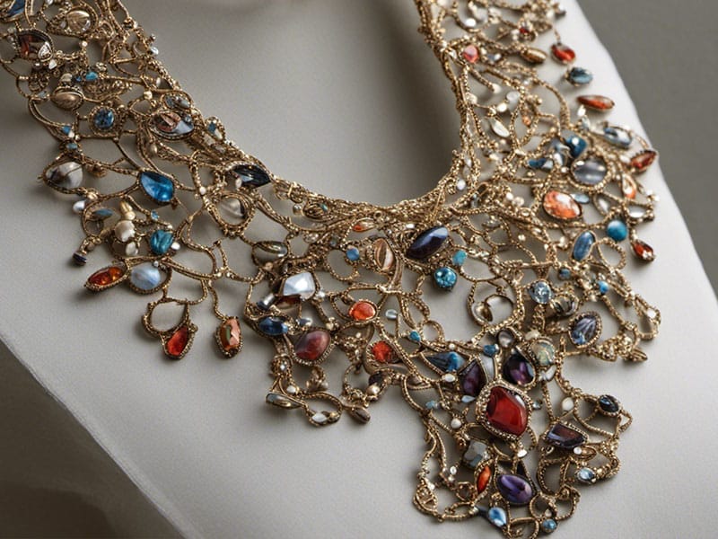 A mannequin showcasing a stunning necklace adorned with multi colored stones, perfect for low-cut tops.