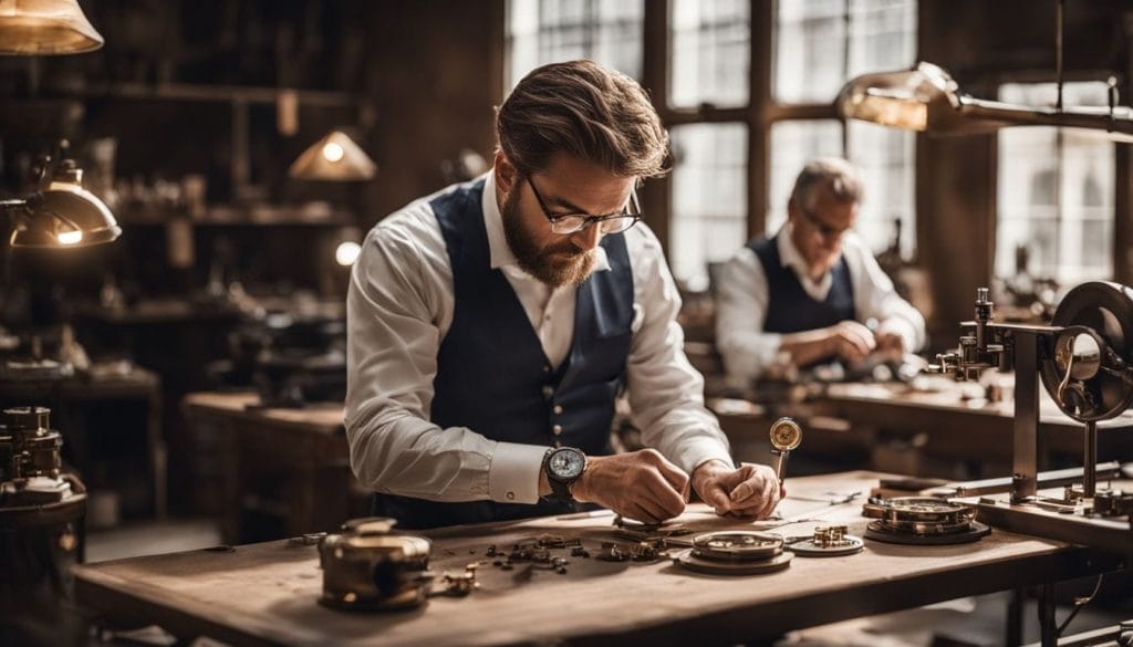 Two men working on a watch in a workshop.