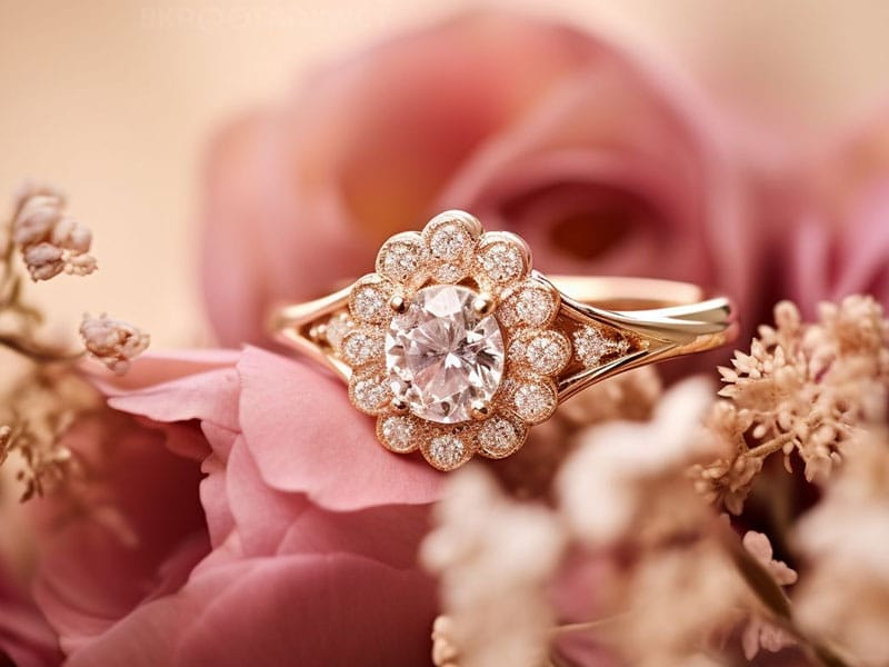 An engagement ring surrounded by flowers.