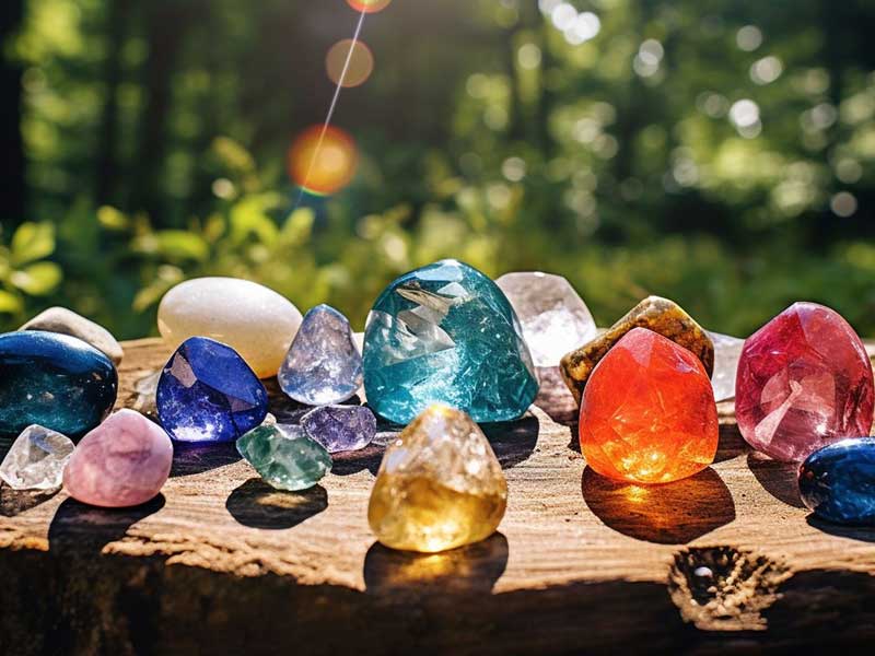 A group of colorful crystals on a log in the woods.