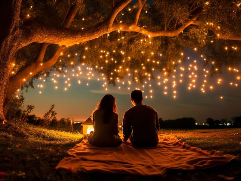 A couple sitting under a tree under a string of lights.