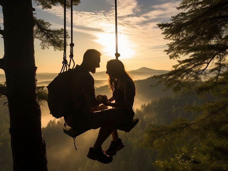 A man and woman sitting on a swing in the forest.