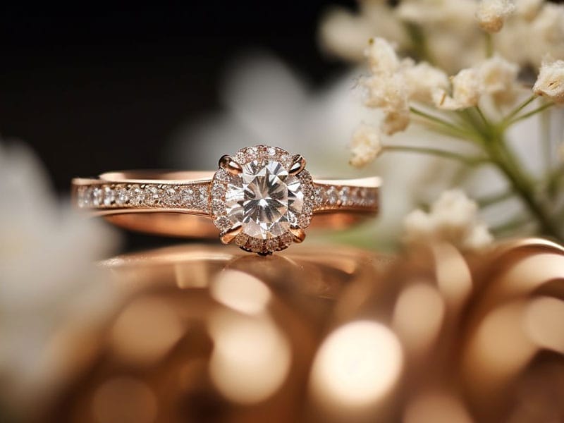 A rose gold engagement ring surrounded by flowers.