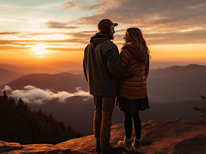 A couple standing on top of a mountain at sunset.