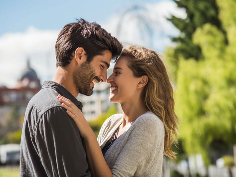 A man and woman are embracing in a park.