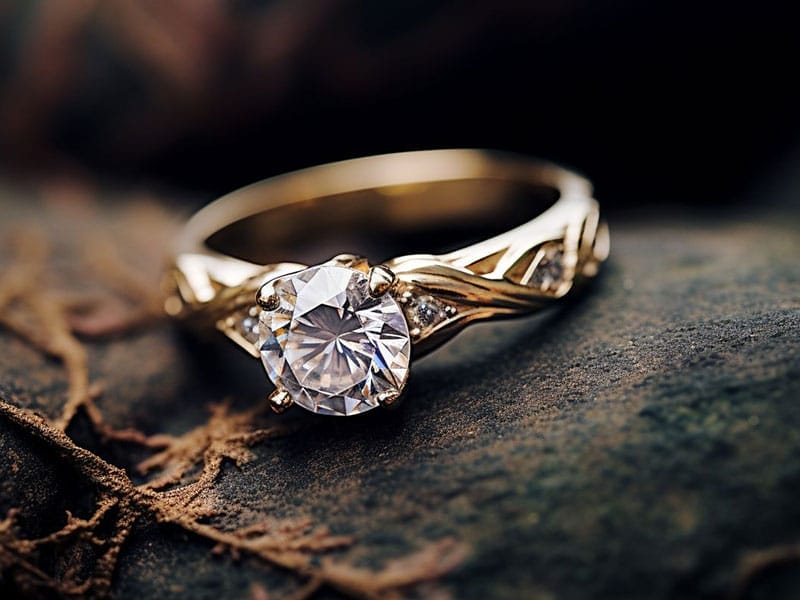 A gold ring with a diamond sitting on top of a rock.