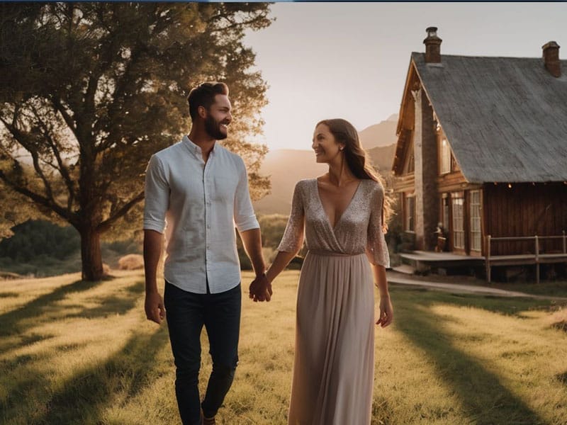 A couple holding hands in front of a cabin at sunset.