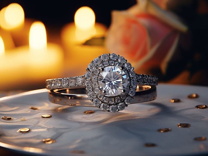 A diamond engagement ring on a plate with candles in the background.