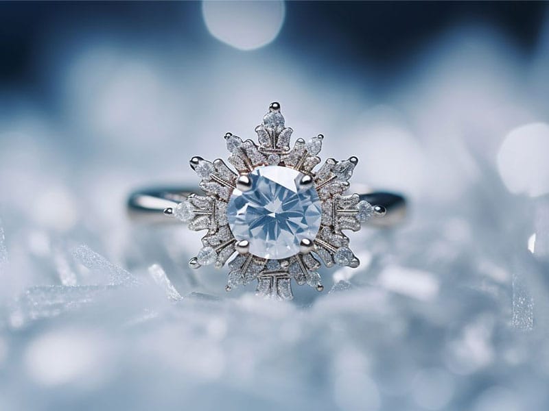 An engagement ring with a blue diamond in the center.