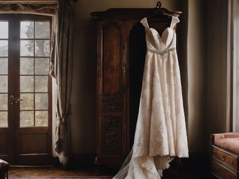 A wedding dress hangs on a dresser in a room.
