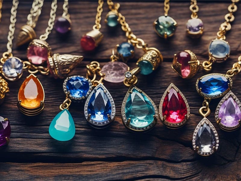 A collection of necklaces with different colored gemstones.