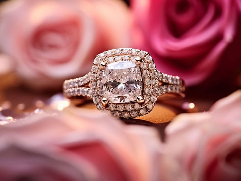 An engagement ring surrounded by roses.