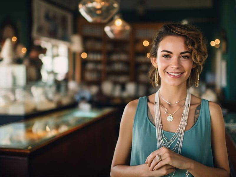 A woman is standing in a jewelry store.