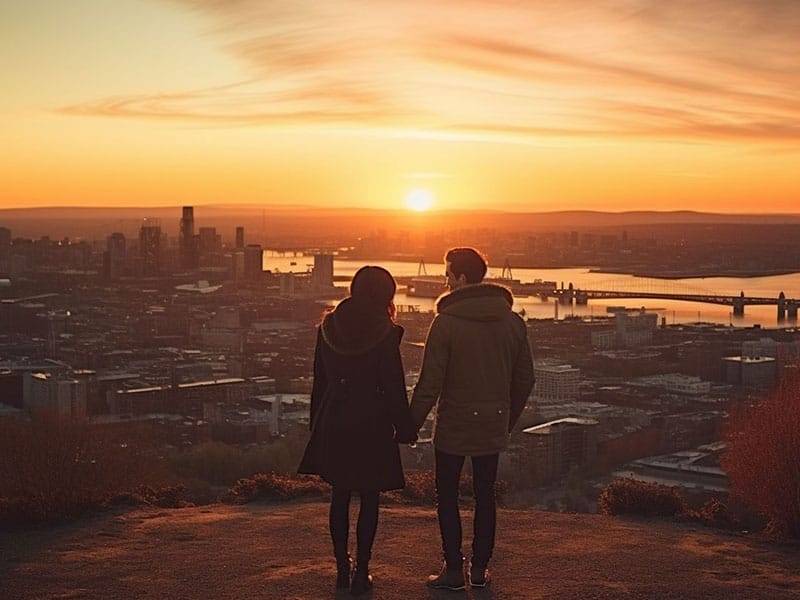 Two people standing on top of a hill overlooking a city at sunset.