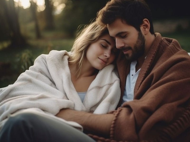 A man and woman wrapped up in a blanket in a park.