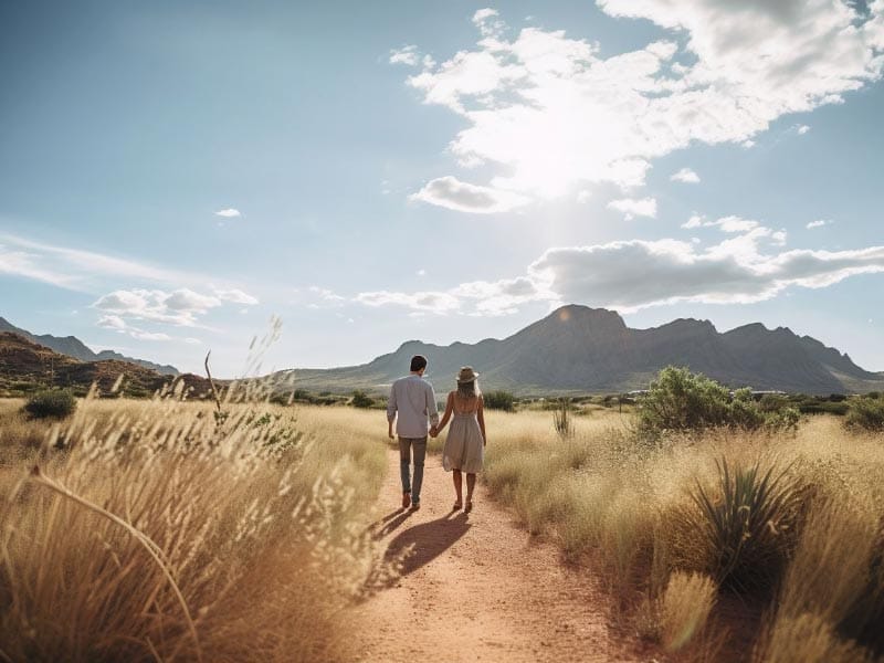 A couple walking down a dirt road with mountains in the background Building Trust and Understanding in their marriage.