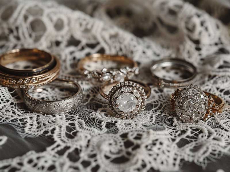 A collection of wedding rings on a lace table.