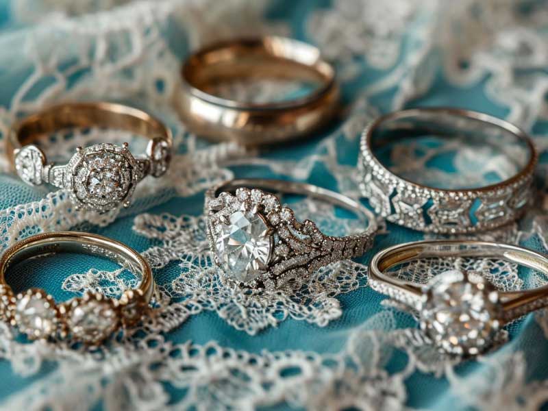 A collection of wedding rings on a blue lace.