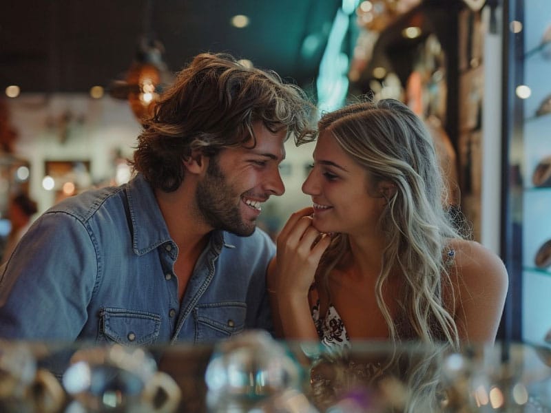 A couple looking at engagement jewelry in a store.