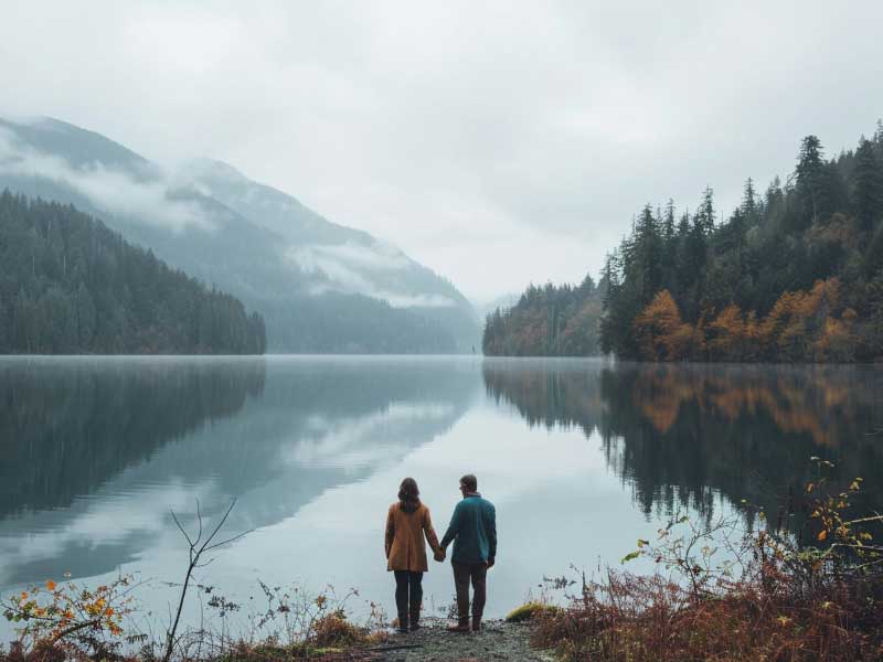 A couple looking at a lake on a foggy day.