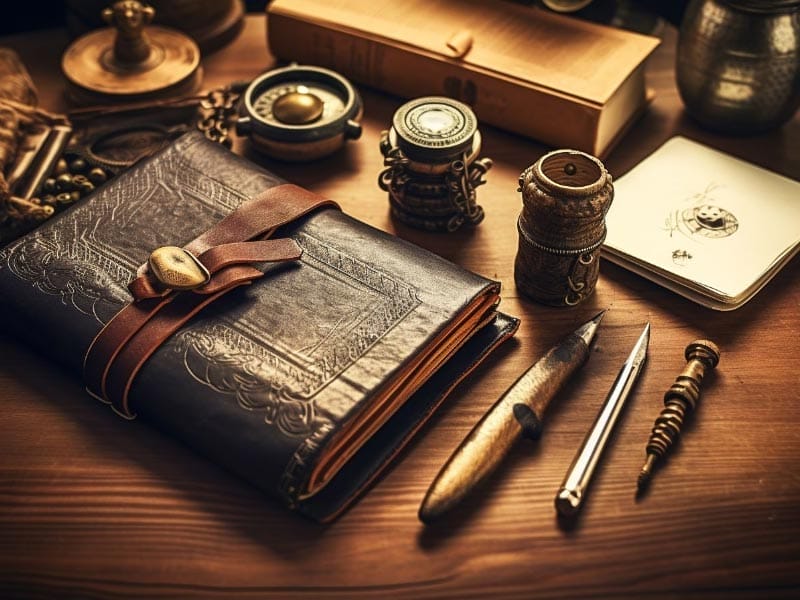 A leather journal and pen on a table.