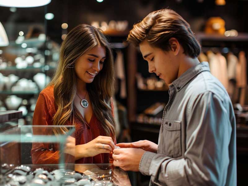 A man and woman Selecting the Perfect Rings in a jewelry store.