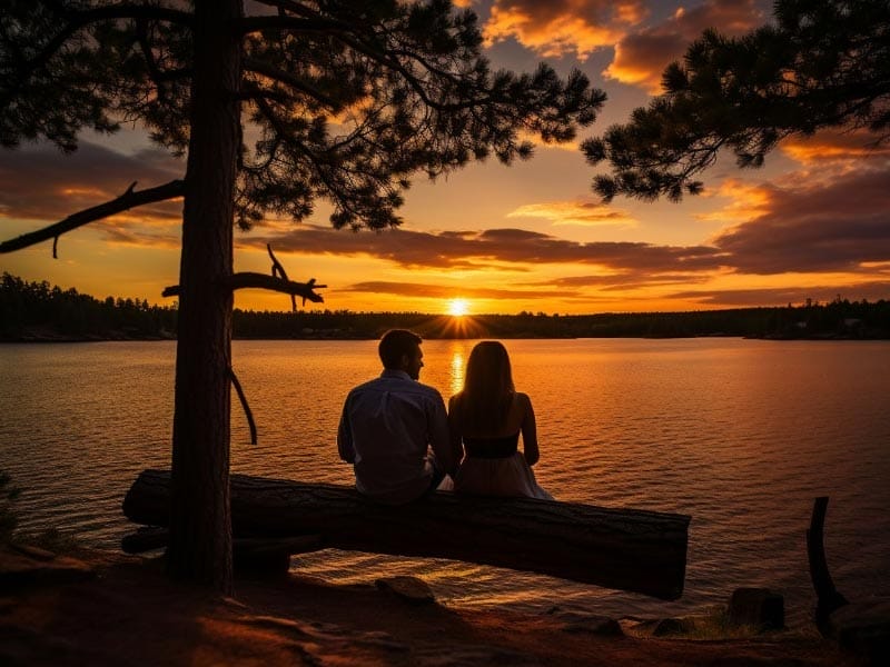 A couple sits on a log overlooking a lake at sunset enjoying a Smooth Transition into Married Life.