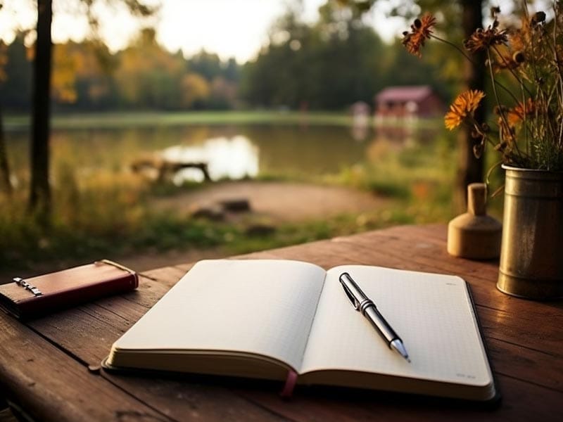 An open notebook on a wooden table near a lake.