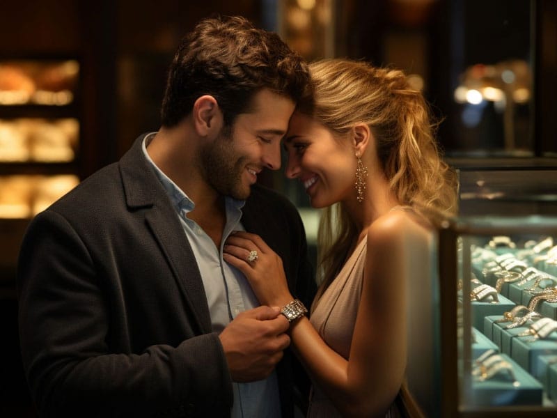 A man and a woman Woman wearing an Elegant Engagement Ring Wrap.